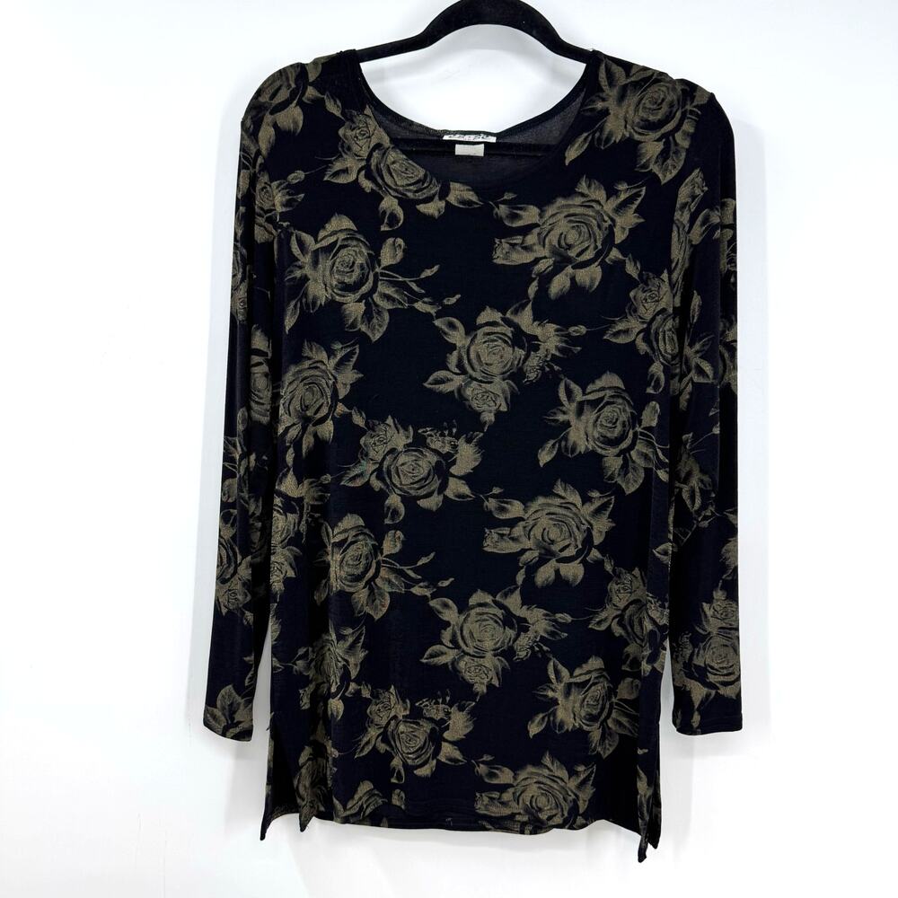 VTG Y2K Es Se Dark Floral Top Shirt L Black Slinky Knit Long Sleeve Whimsigoth